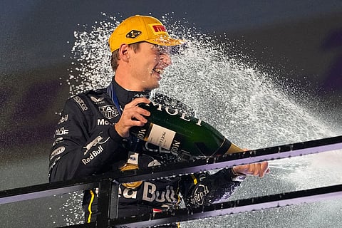First place finisher Red Bull driver Max Verstappen of the Netherlands celebrates after the Formula One Las Vegas Grand Prix auto race in Las Vegas.