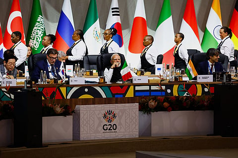 India's Prime Minister Narendra Modi, center, attends the opening plenary session of the G20 leaders' summit, in Johannesburg, South Africa.