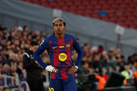 Barcelona's Lamine Yamal reacts during a La Liga soccer match between Barcelona and Athletic in Barcelona, Spain.