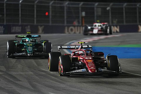 Ferrari driver Lewis Hamilton of Great Britain drives during the Formula One Las Vegas Grand Prix auto race in Las Vegas. 