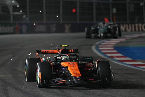 McLaren driver Lando Norris of Great Britain drives during the Formula One Las Vegas Grand Prix auto race in Las Vegas. 