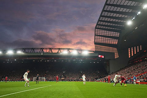 Players in action during the English Premier League soccer match between Liverpool and Nottingham Forest in Liverpool, England.