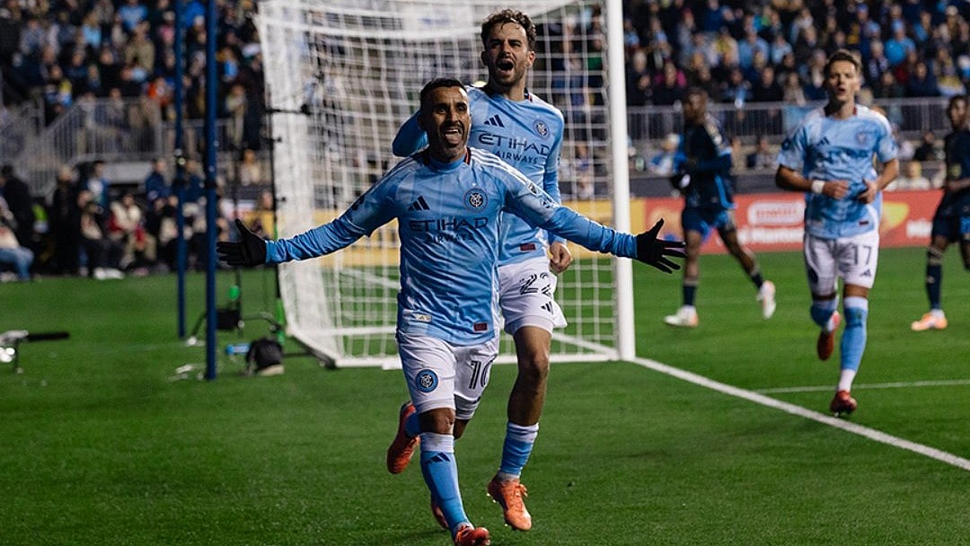 X/@newyorkcityfc : Philadelphia Vs New York City Highlights, MLS Cup SF: NYC player celebrating his goal.