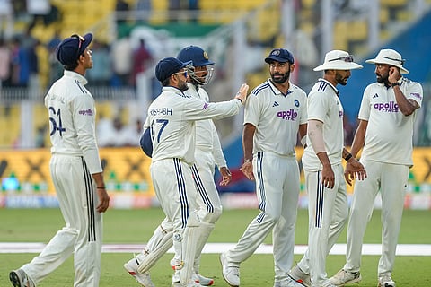 Indian players walk off the field at the end of the third day's play during the second Test cricket match between India and South Africa, at ACA Stadium, Barsapara in Guwahati.