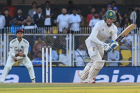 South Africa's Ryan Rickelton plays a shot during the third day of the second Test cricket match between India and South Africa, at ACA Stadium, Barsapara in Guwahati.