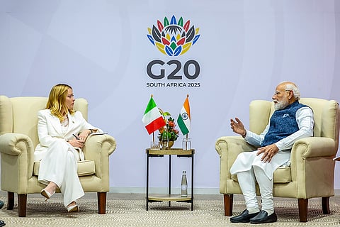 In this image, Prime Minister Narendra Modi during a bilateral meeting with his Italian counterpart Giorgia Meloni, on the sidelines of the G20 Leaders' Summit, in Johannesburg, South Africa. 