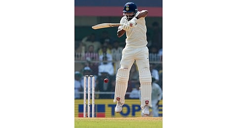 India's Nitish Kumar Reddy plays a shot on the third day of the second cricket test match between India and South Africa in Guwahati.