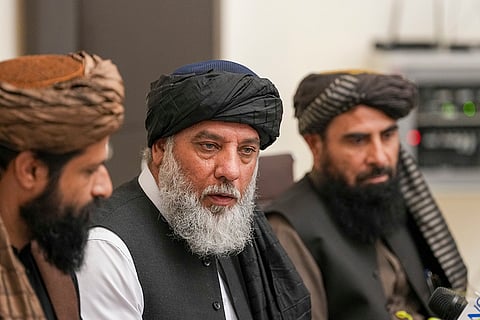 Afghanistan Commerce and Industry Minister Alhaj Nooruddin Azizi addresses a press conference, in New Delhi.