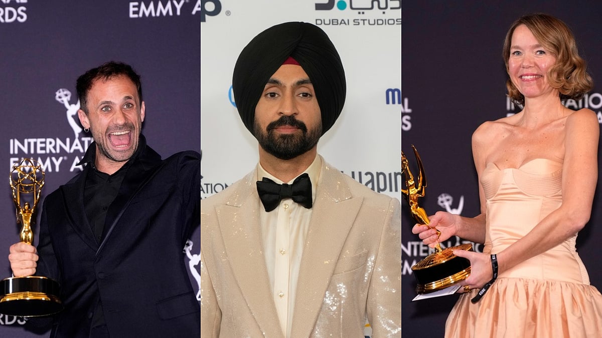 Photo by Charles Sykes/Invision/AP : From (L-R): Oriol Pla, Diljit Dosanjh and Anna Maxwell Martin at the 53rd International Emmy Awards at the New York Hilton Midtown