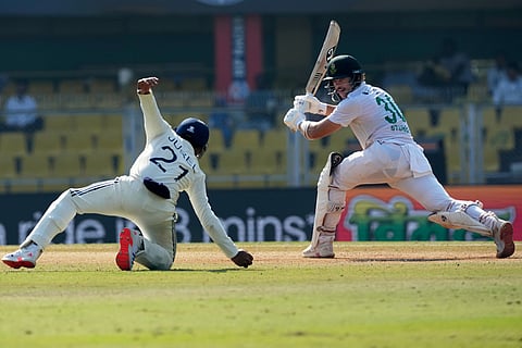 South Africa's Tristan Stubbs plays a shot on the fourth day of the second cricket test match between India and South Africa in Guwahati.