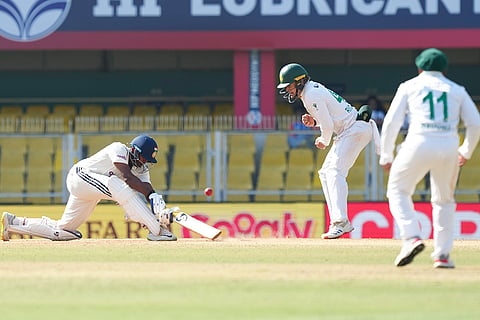 India's Sai Sudharsan plays a shot during the fifth day of the second Test cricket match between India and South Africa, at ACA Stadium, Barsapara in Guwahati.