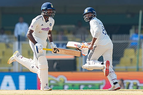 India's Sai Sudharsan and Ravindra Jadeja run between the wickets during the fifth day of the second Test cricket match between India and South Africa, at ACA Stadium, Barsapara in Guwahati.