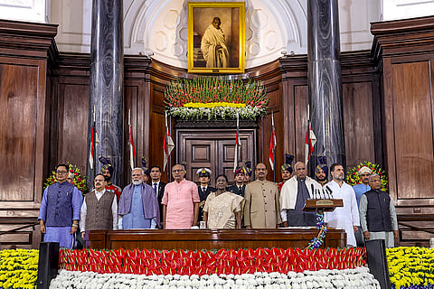 President Droupadi Murmu, Vice President CP Radhakrishnan, Prime Minister Narendra Modi, Lok Sabha Speaker Om Birla, Union Ministers JP Nadda, Kiren Rijiju and others during the Constitution Day celebrations at Central Hall of Samvidhan Sadan, in New Delhi. 