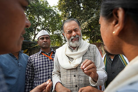 Activist Yogendra Yadav during the nationwide protest demanding repeal of new labour codes, at Jantar Mantar, in New Delhi.