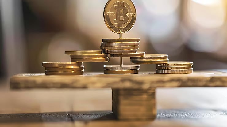 Bitcoin coin on top of a stack of gold and silver coins arranged in a pyramid.