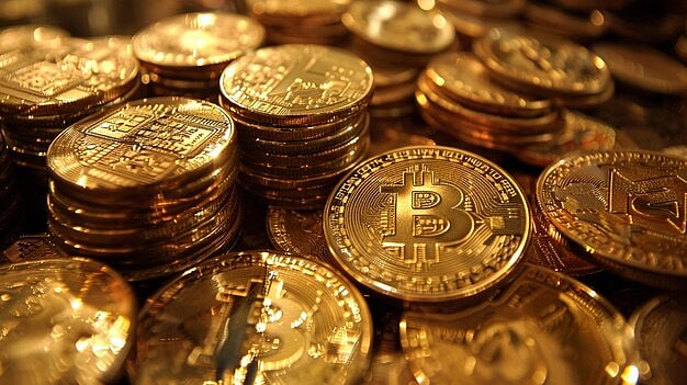 A macro shot of many gold Bitcoin coins stacked and scattered.