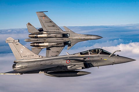 Sukhoi Su-30 MKI and Rafale aircraft during the 8th edition of the bilateral air exercise 'Garuda 2025' between the Indian Air Force and the French Air and Space Force, in France. 