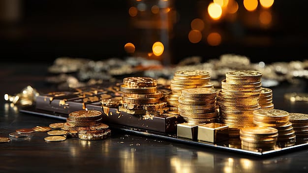 Stacks of gold coins on a computer chip with blurry bokeh lights in the background