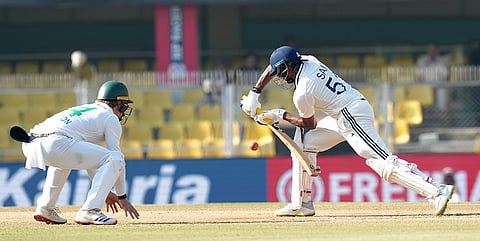 India's Sai Sudharsan plays a shot during the fifth day of the second Test cricket match between India and South Africa, at ACA Stadium, Barsapara in Guwahati.