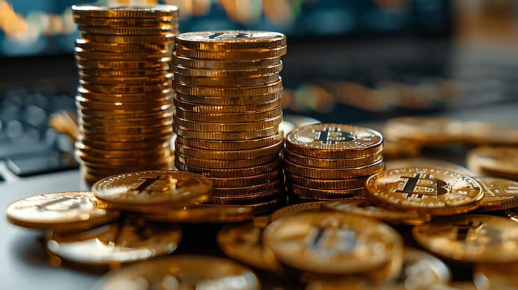 Stack of physical gold-colored Bitcoin coins.