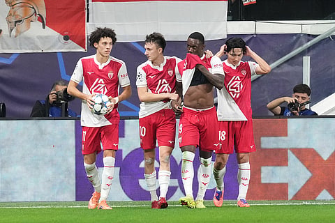 Monaco's Folarin Balogun, second right, celebrates after scoring his side's second goal during the Champions League opening phase soccer match between Pafos FC and AS Monaco in Limassol, Cyprus.