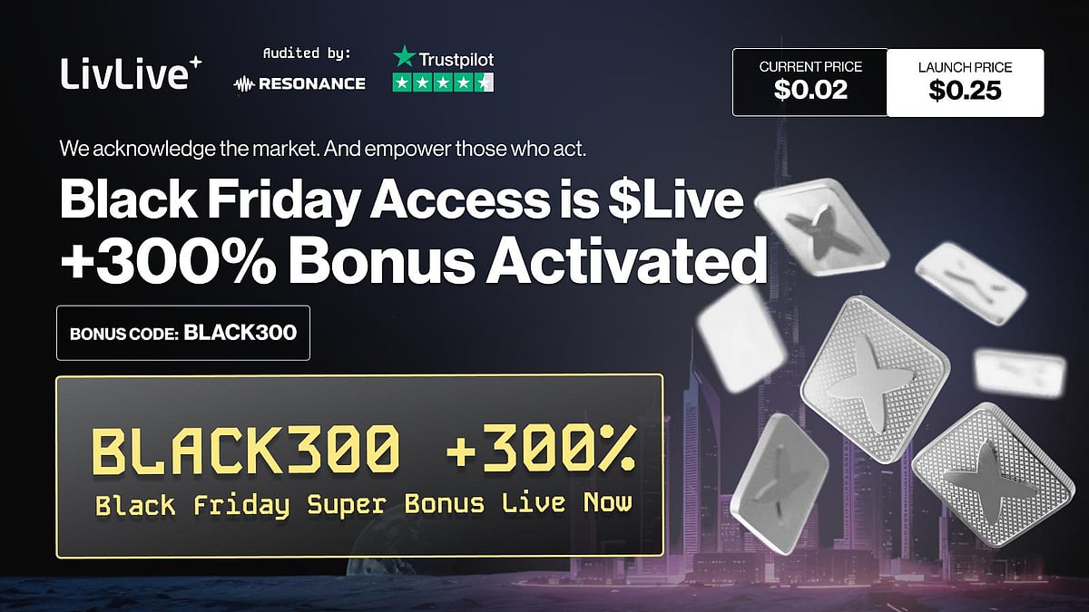 LivLive Black Friday ad promoting +300% bonus on $LIVE tokens with code BLACK300.