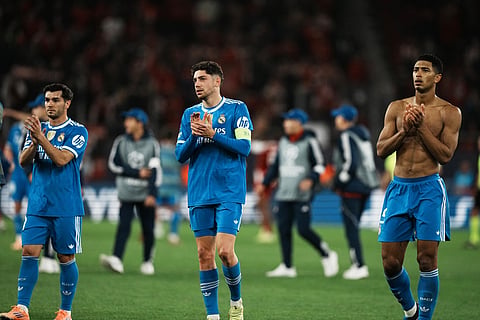 Real Madrid's players greet fans after the Champions League opening phase soccer match between Olympiacos and Real Madrid in Piraeus port, near Athens, Greece.