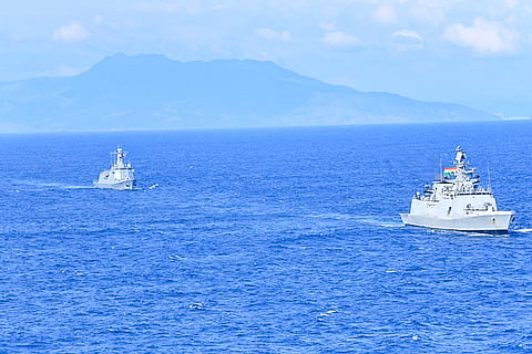 INS Sahyadri stealth frigate undertakes an exercise with the Philippine Navy before making a port call at Manila for the harbour phase of its deployment, in Philippines. 