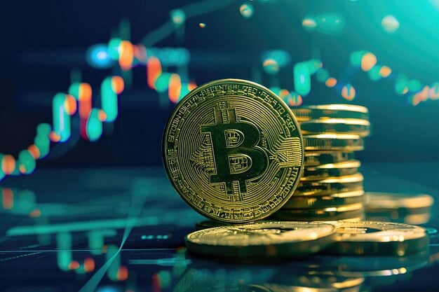 Bitcoin coin stacked with other coins against a blue background with crypto chart lights.