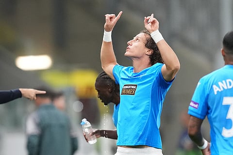 Pafos' David Luiz celebrates after scoring his side's opening goal during the Champions League opening phase soccer match between Pafos FC and AS Monaco in Limassol, Cyprus.