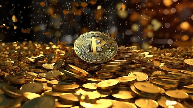 Bitcoin coin surrounded by a pile of golden coins on a dark shimmering background.