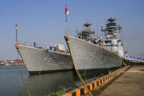 INS Kora and INS Khanjar, two frontline guided missile corvettes of the Eastern Naval Command, at their port call during a visit to the city as part of Navy Week celebrations 2025, in Kolkata. The ships are being displayed at Khidderpore Docks. 