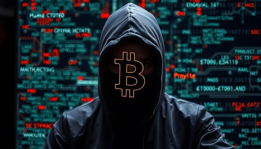 Hooded figure with a glowing Bitcoin symbol against a digital cyber background.