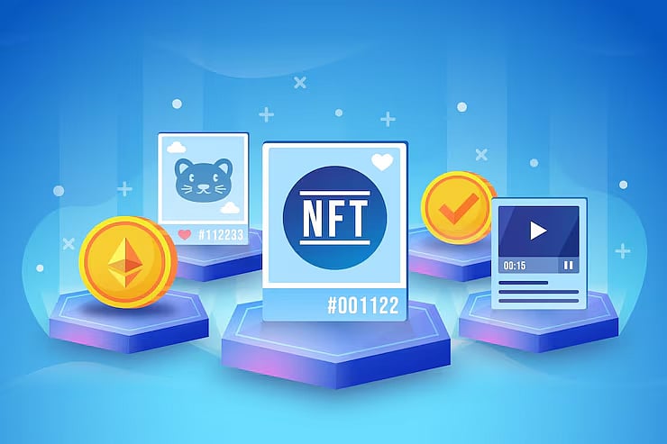 Digital graphic illustrating NFT marketplace with tokens, video, and collectible artwork.