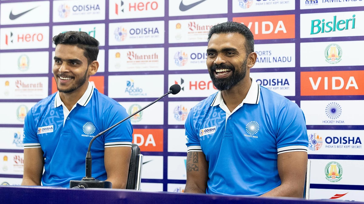 India captain Rohit (left) and coach PR Sreejesh address the media ahead of the start of the FIH Junior Hockey World Cup 2025 in Tamil Nadu. - Hockey India