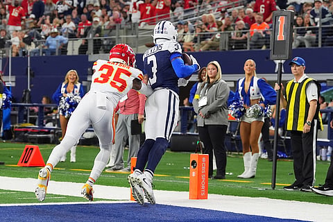 Dallas Cowboys wide receiver George Pickens (3) catches a two-point conversion as Kansas City Chiefs cornerback Jaylen Watson (35) defends during the second half of an NFL football game in Arlington, Texas. 