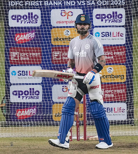 Indian player Virat Kohli bats during a training session ahead of the first ODI cricket match against South Africa, in Ranchi, Jharkhand.