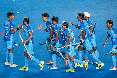 Indian players celebrate after scoring a goal during the FIH Hockey Men's Junior World Cup 2025 match against Chile, at Mayor Radhakrishnan Hockey Stadium, in Chennai, Tamil Nadu.