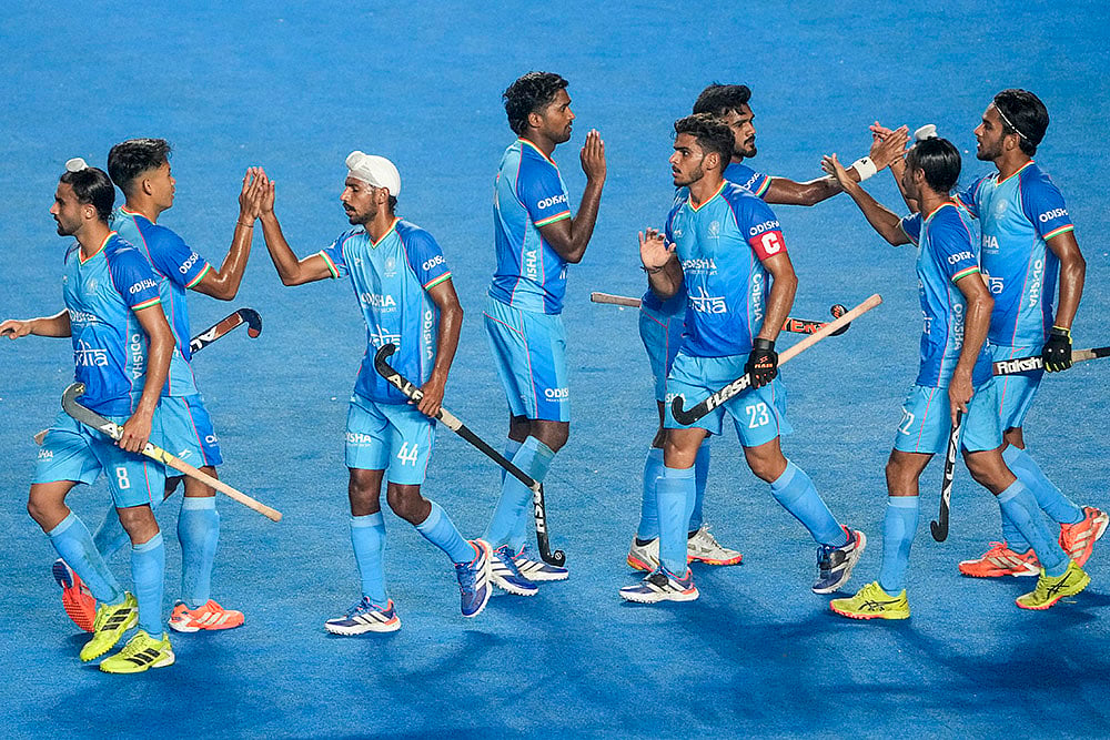 | Photo: PTI/R SenthilKumar : Chennai: Indian players celebrate after scoring a goal during the FIH Hockey Men's Junior World Cup 2025 match against Chile, at Mayor Radhakrishnan Hockey Stadium, in Chennai, Tamil Nadu.