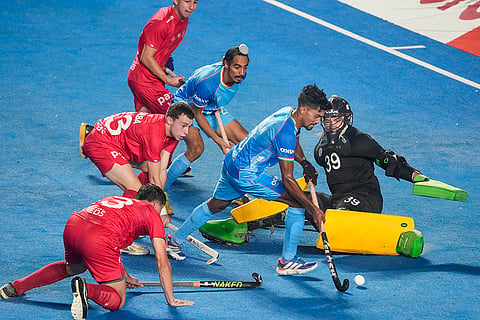 India's Rosan Kujur attempts to score a goal during the FIH Hockey Men's Junior World Cup 2025 match against Chile, at Mayor Radhakrishnan Hockey Stadium, in Chennai, Tamil Nadu.
| Photo: PTI/R SenthilKumar