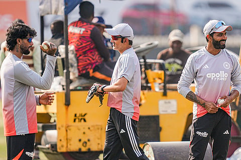 India’s head coach Gautam Gambhir with players Ravindra Jadeja and Tilak Varma during a training session on the eve of the first ODI cricket match of a series between India and South Africa, in Ranchi, Jharkhand.