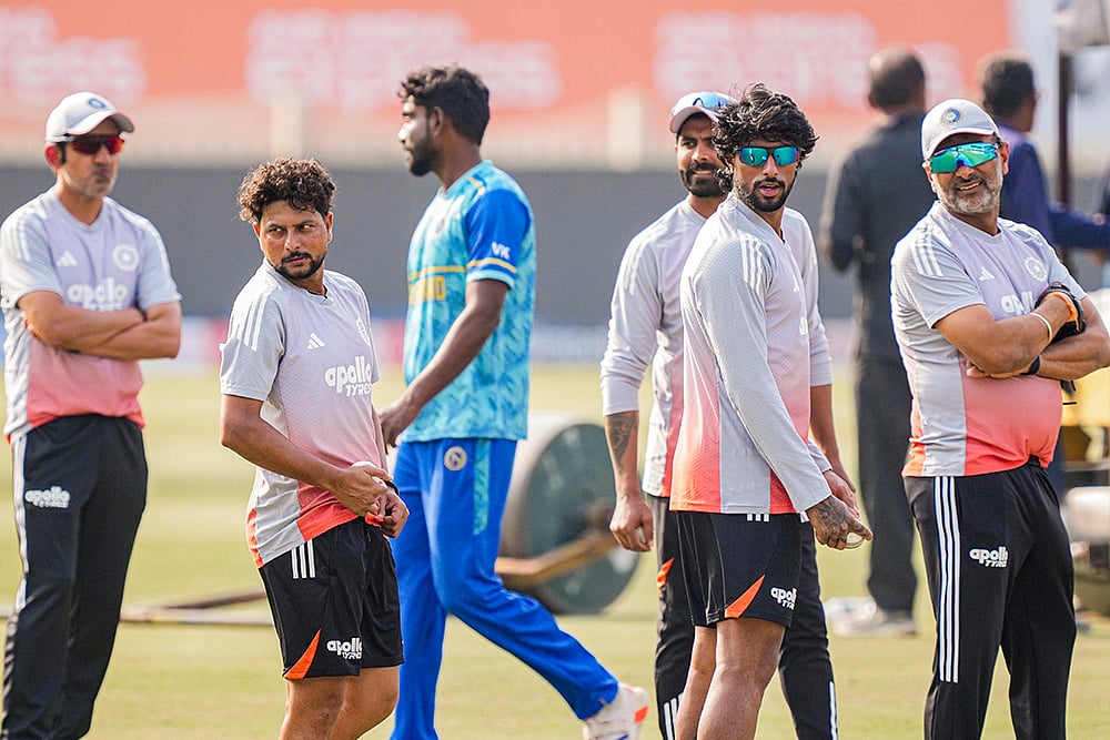 | Photo: PTI/Kamal Kishore : India’s Kuldeep Yadav, Tilak Varma and others during a training session on the eve of the first ODI cricket match of a series between India and South Africa, in Ranchi, Jharkhand.