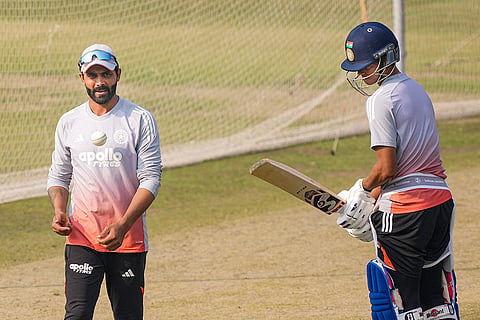 India’s Yashasvi Jaiswal and Ravindra Jadeja during a training session on the eve of the first ODI cricket match of a series between India and South Africa, in Ranchi, Jharkhand.
