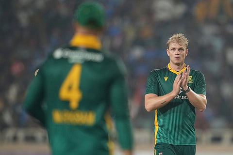 South Africa's Corbin Bosch celebrates the wicket of India's Ravindra Jadeja during the first One Day International match between India and South Africa in Ranchi.