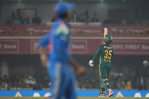 South Africa's Matthew Breetzke celebrates his fifty runs during the first One Day International match between India and South Africa in Ranchi.