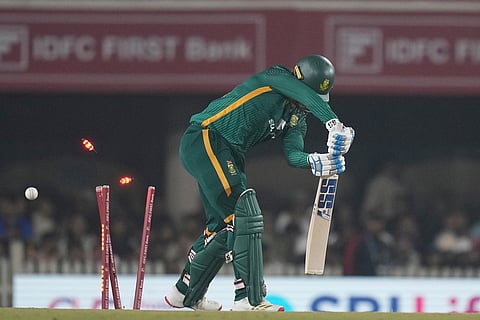 South Africa's Ryan Rickelton is bowled out by India's Harshit Rana during the first One Day International match between India and South Africa in Ranchi.