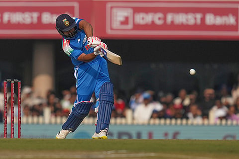 India's Rohit Sharma plays a shot during the first One Day International match between India and South Africa in Ranchi.
