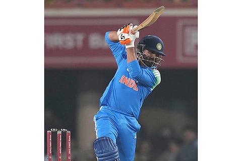 India's Ravindra Jadeja plays a shot during the first One Day International match between India and South Africa in Ranchi.