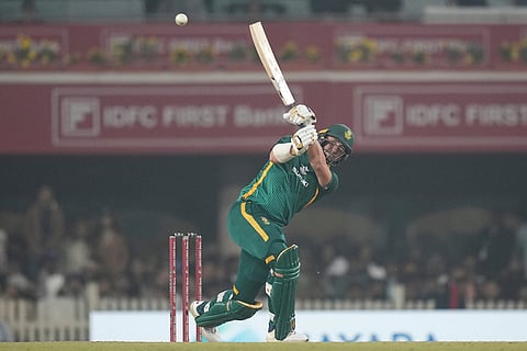 South Africa's Nandre Burger plays a shot during the first One Day International match between India and South Africa in Ranchi.