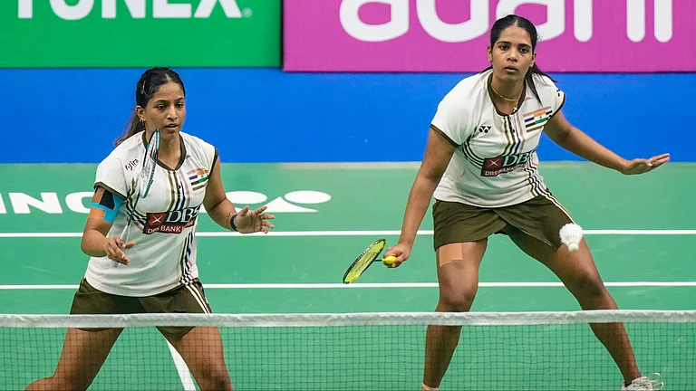 India's Treesa Jolly (right) and Gayatri Gopichand during the women's doubles semi-final match against Malaysia's Xin Yee Ong and Carmen Ting at the Syed Modi India International 2025 badminton tournament, in Lucknow. - PTI
